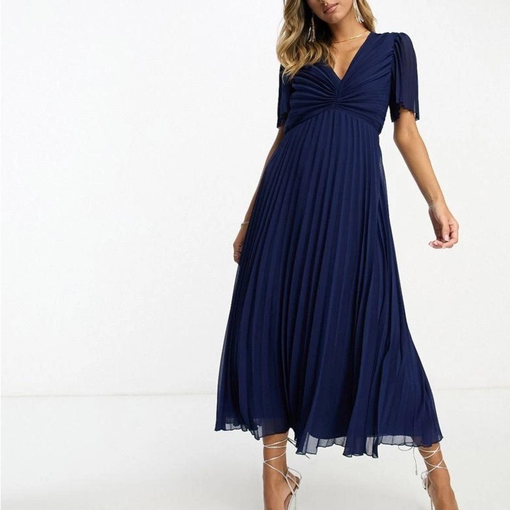 ASOS DESIGN pleated bodice flutter sleeve dress midi dress in navy